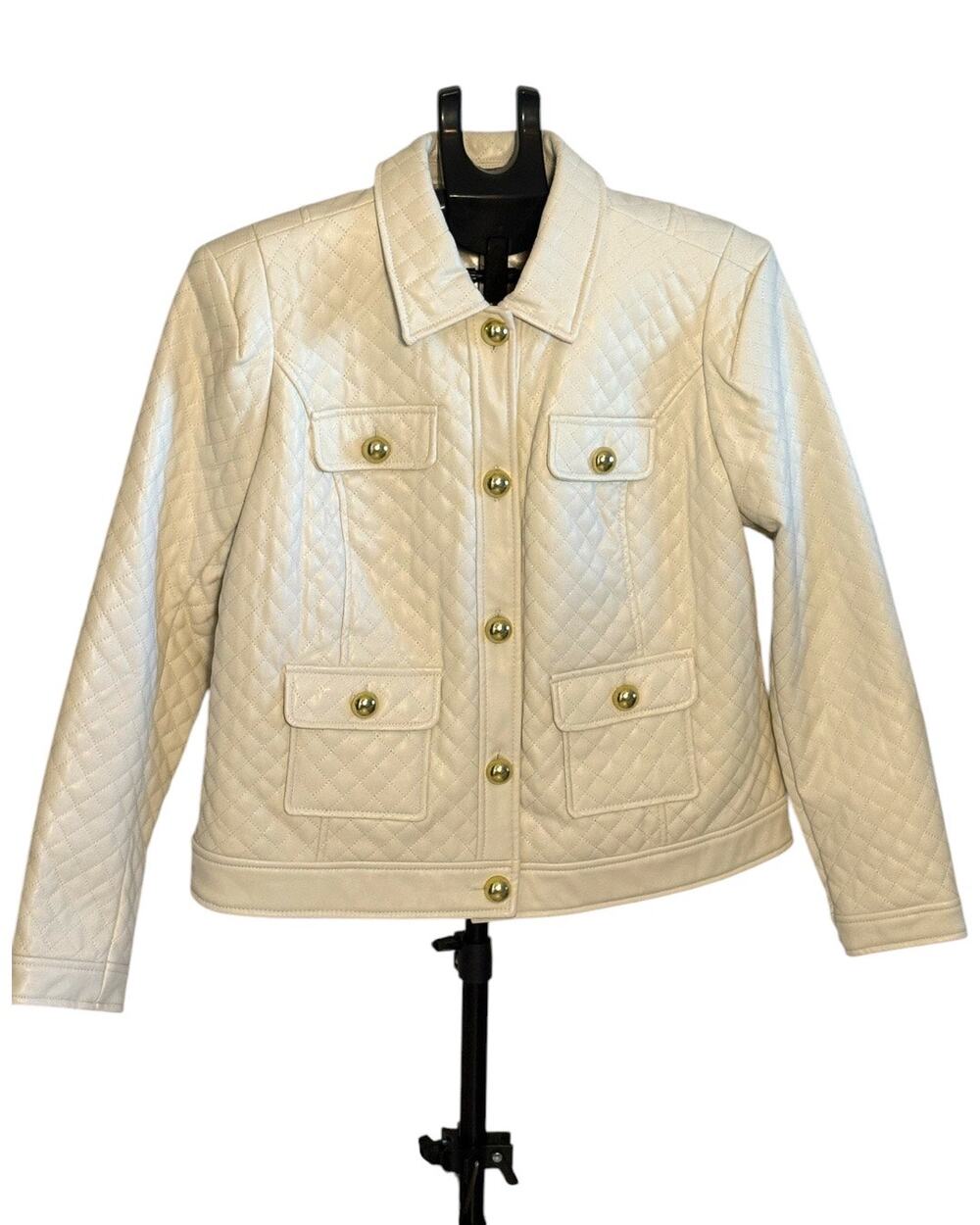 G by Giuliana Black Label Cream Quilted Faux Leather Jacket Womens L Gold Button